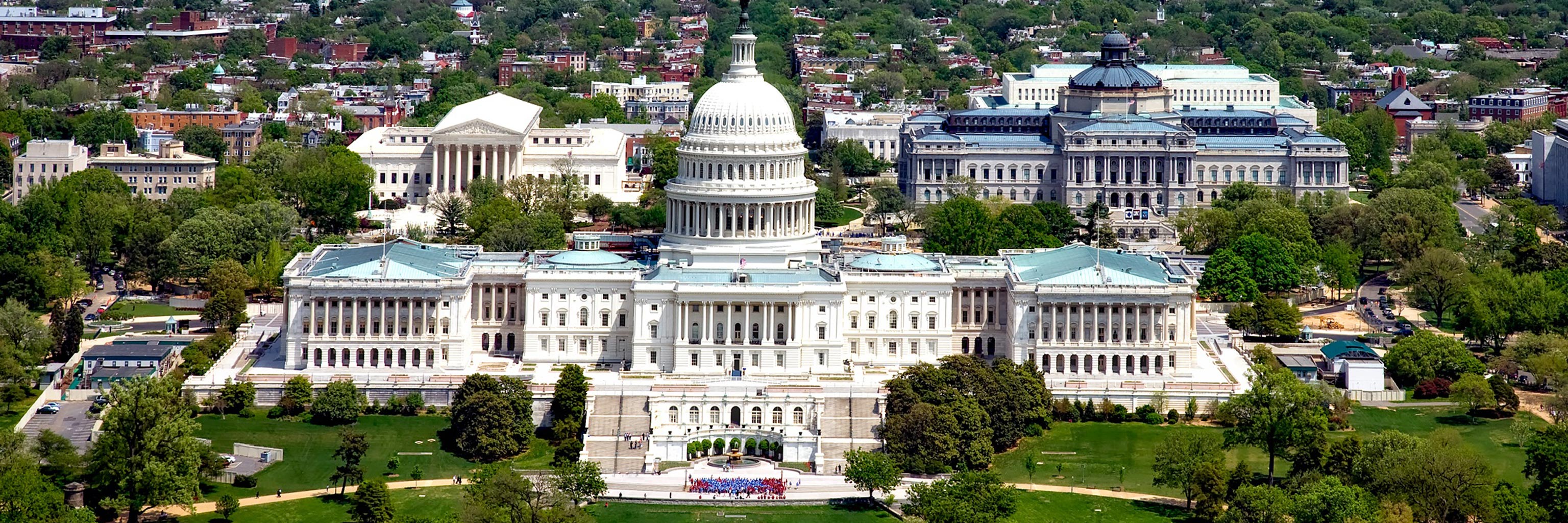 A far, bird's eye shot of the Capitol Building in Washington, D.C.