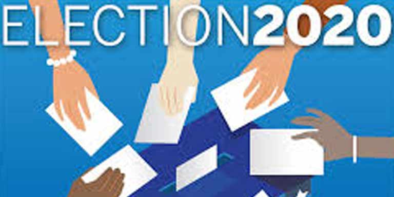 illustration of hands voting in ballot box with text Election 2020