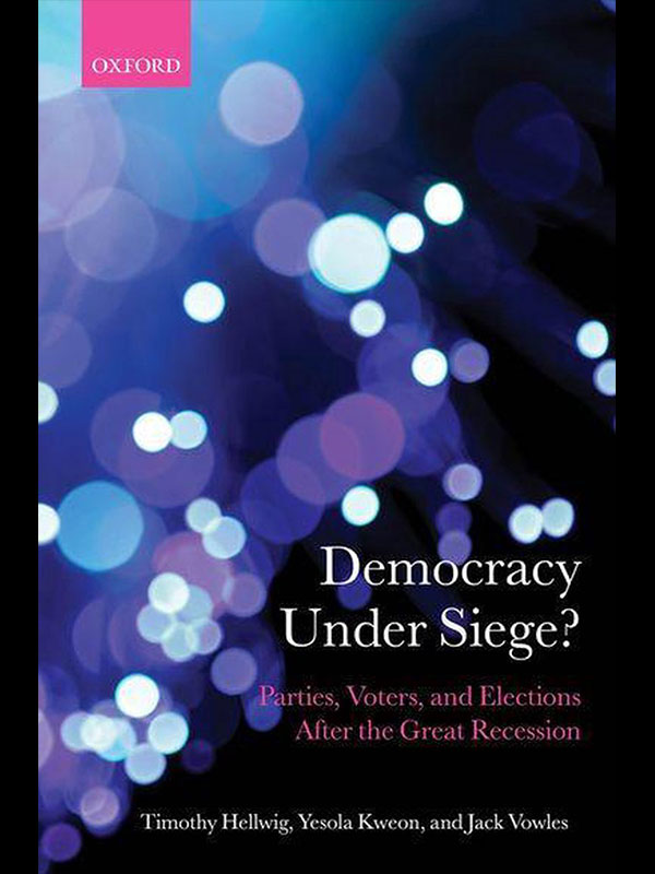 The cover of Democracy Under Siege? Parties, Voters, and Elections After the Great Recession, which features a cover with many small blue and purple circles.
