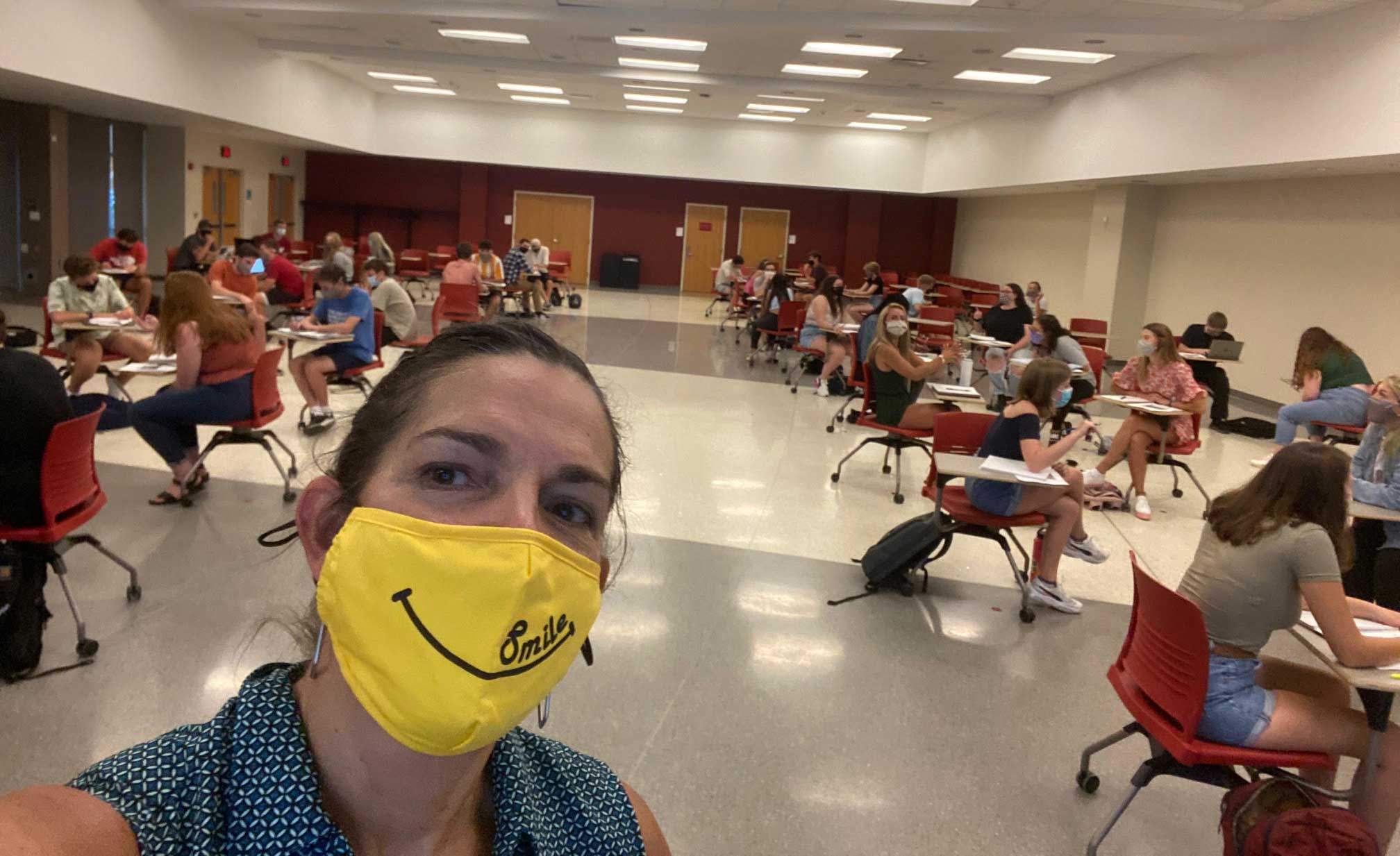 Professor and Department Chair Lauren M. MacLean teaching Y107 "Intro to Comparative Politics – Masks Up and Socially Distant."