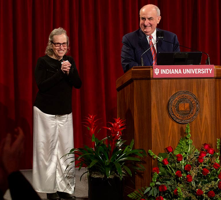 Professor Marjorie Hershey receives award from Indiana University President Michael McRobbie